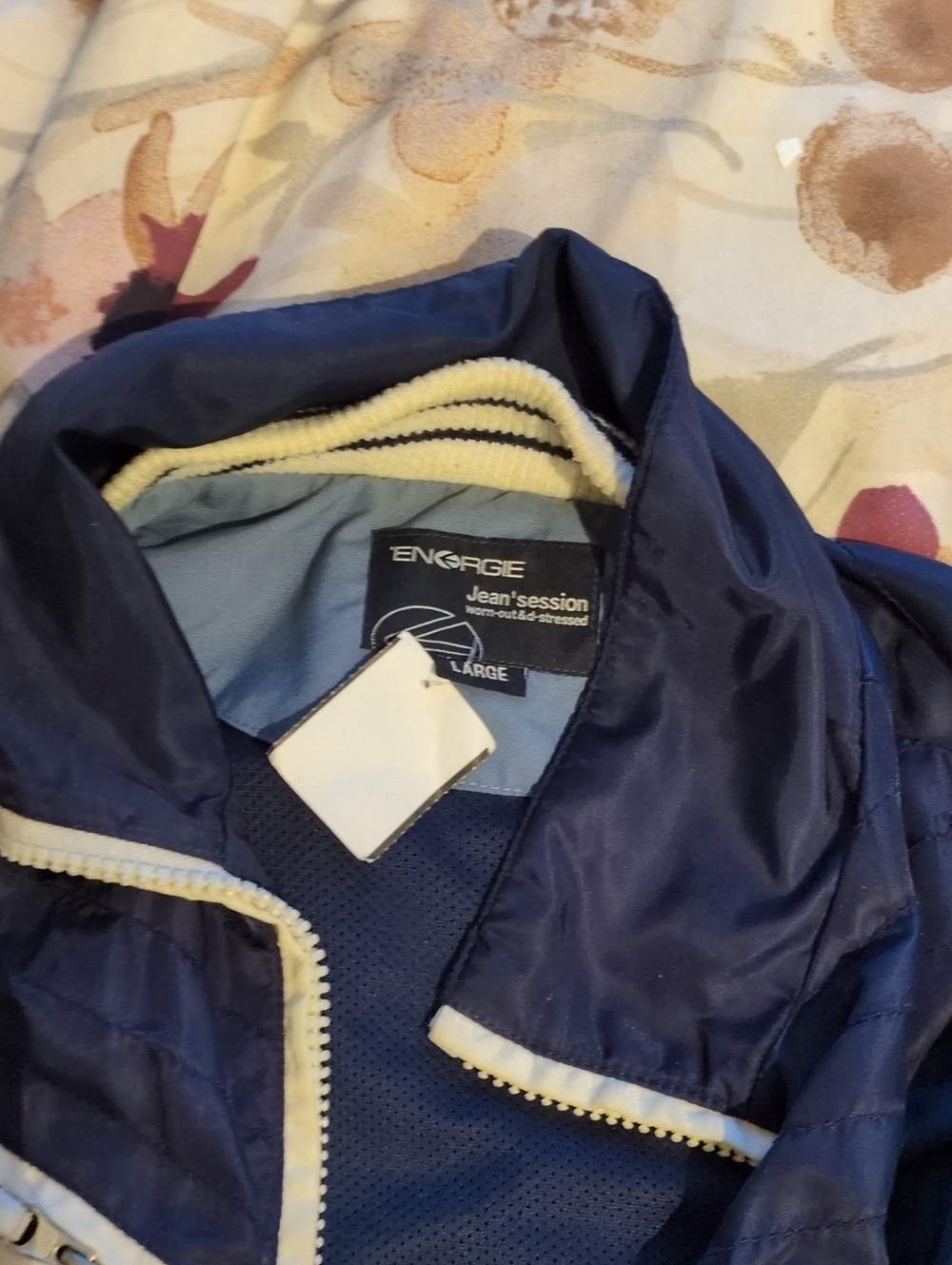 Energie Navy Men's Jacket with Cream Leather Accent, Medium-Large